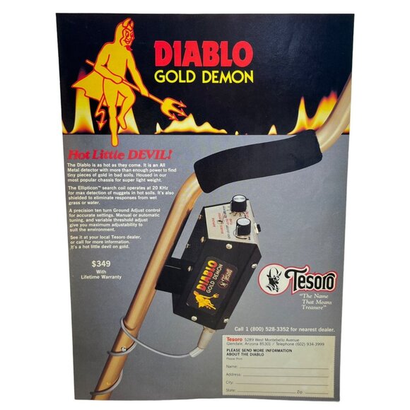 Tesoro Diablo Gold Demon Print Ad Vintage 80s Metal Detecting Glendale AZ - Picture 1 of 6